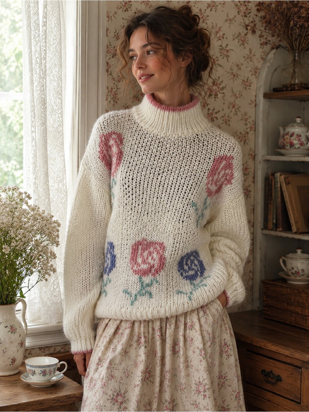 Vintage Paris Sport Club Hand Knit Cottage Mock Neck Sweater